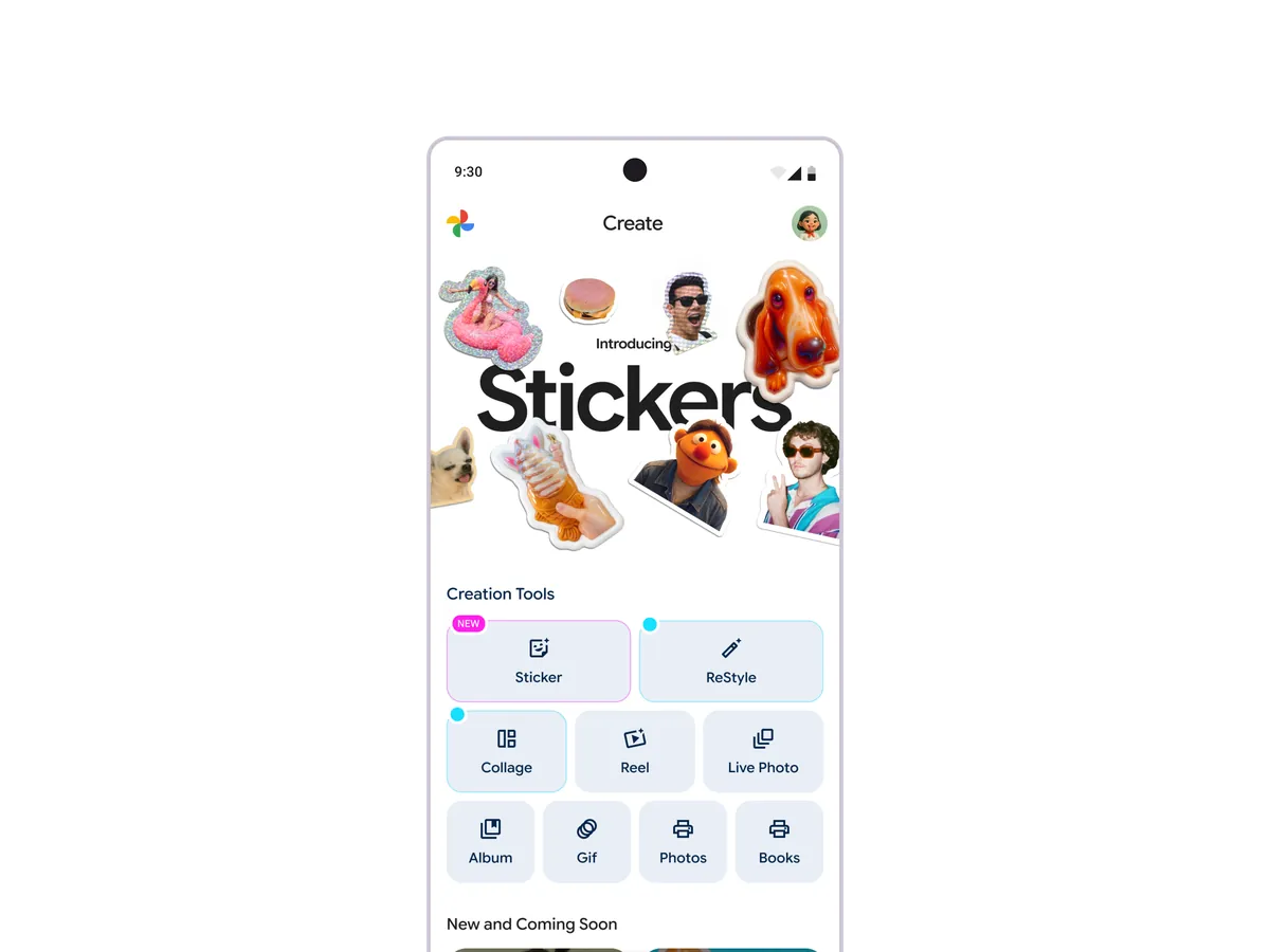 Google Photos Create screen introducing Stickers, above a Creation Tools grid of Sticker, ReStyle, Collage and more