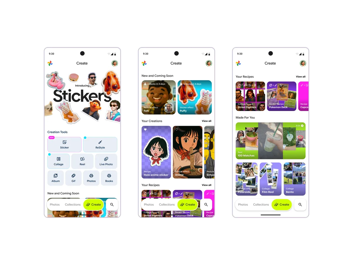 Three phones showing the Create tab: the Stickers launch, a feed of creations and recipes, and a personalised Made For You grid