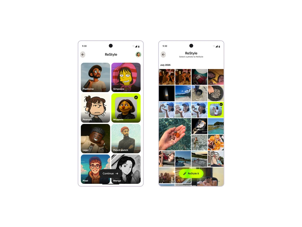 ReStyle flow: choosing an art style like Muppets, then picking a photo from the library to restyle