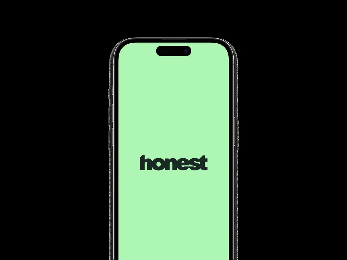 Honest splash screen, dark wordmark on bright green iPhone display