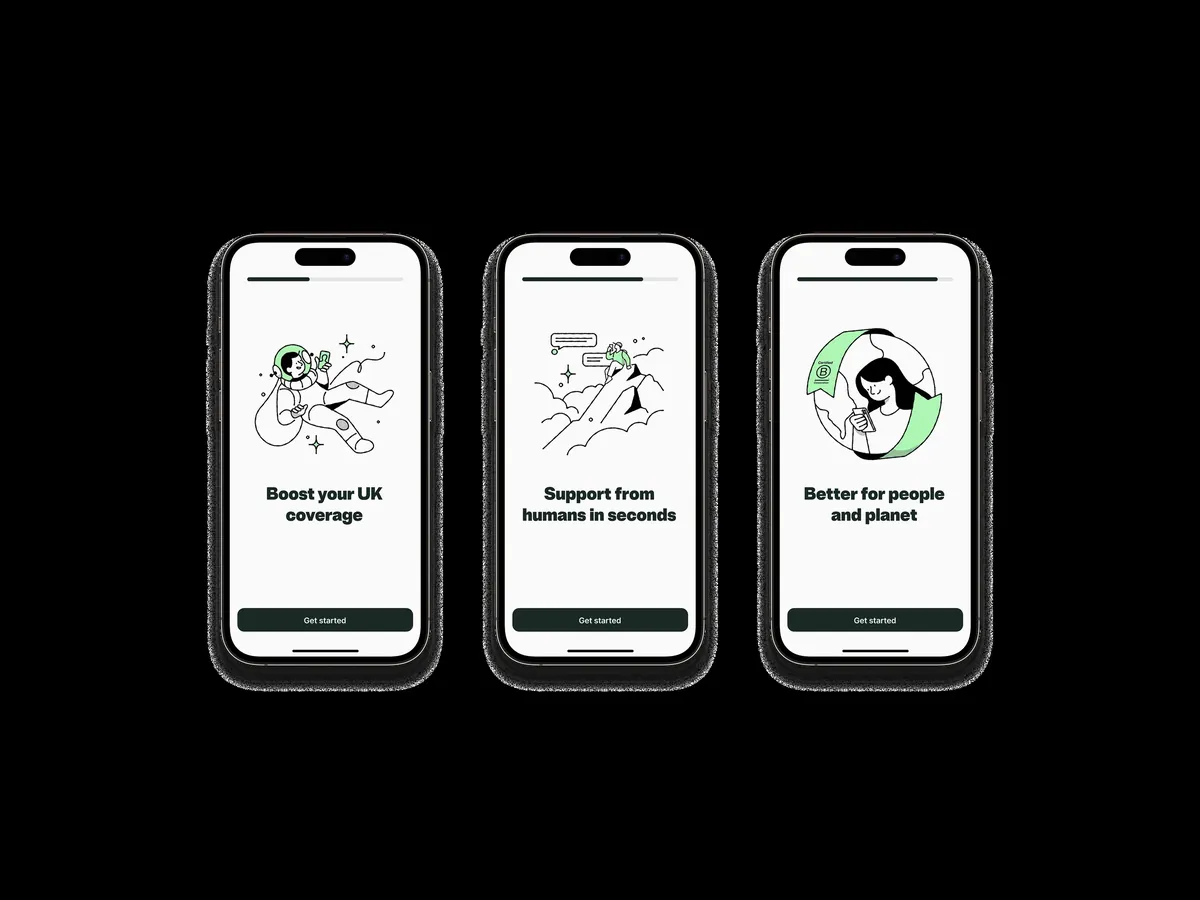 Three onboarding screens promoting UK coverage, fast support and sustainability