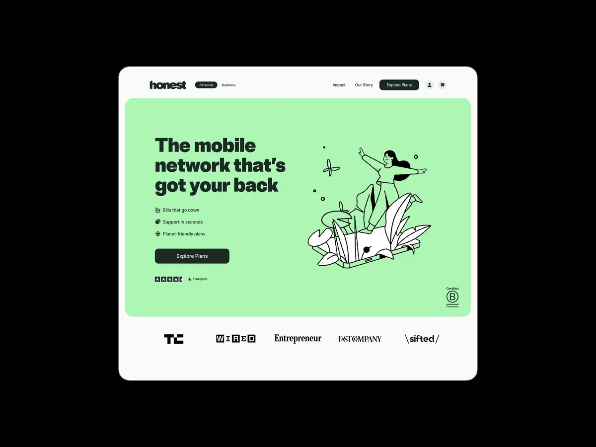 Marketing site hero, The mobile network that's got your back, with press logos