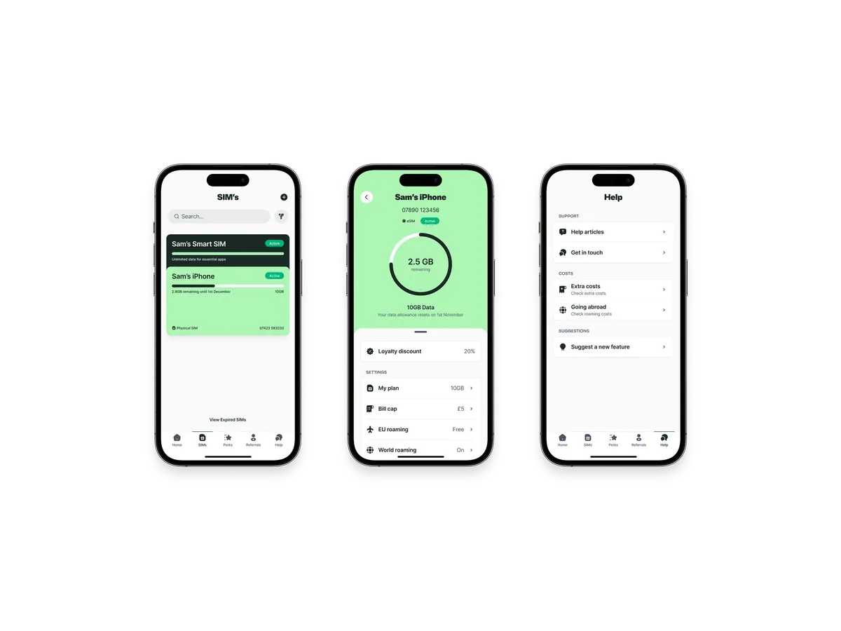 App screens showing SIM list, remaining data dial and Help centre