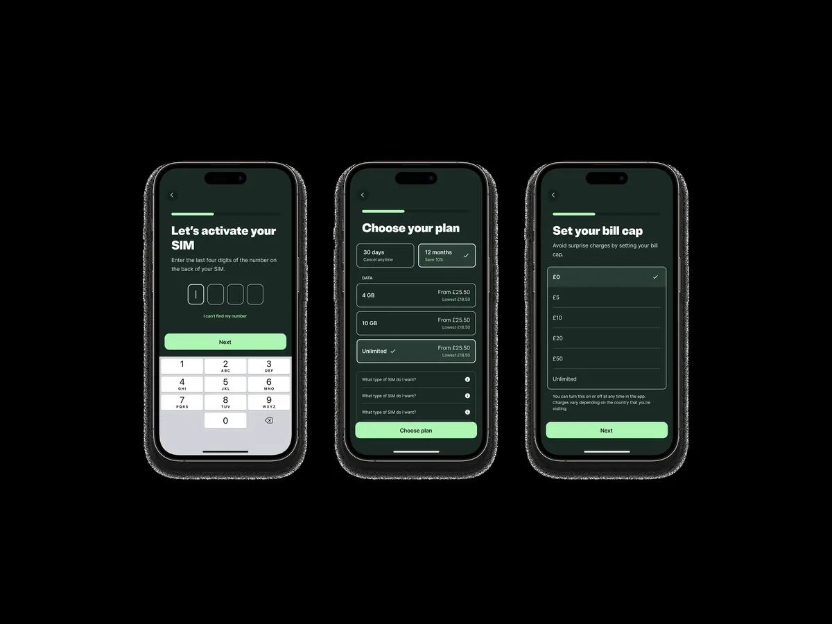 Dark-themed SIM activation, plan picker and bill cap screens