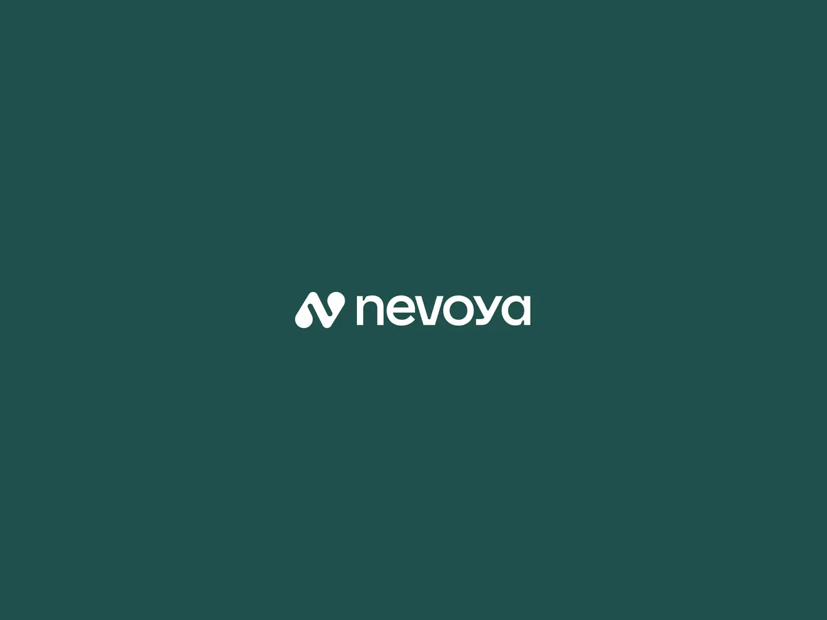 White Nevoya logo reversed out of a deep green background