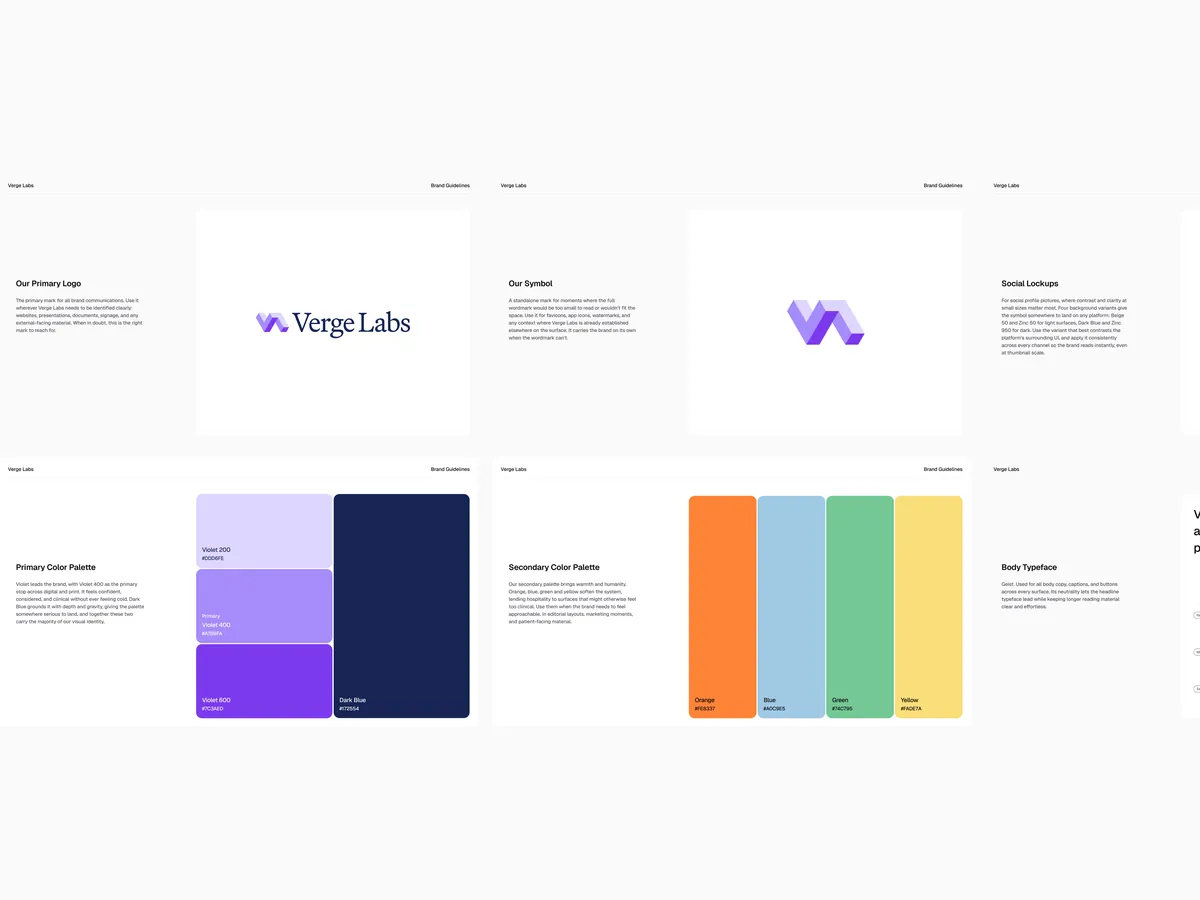 Brand guidelines pages: primary logo, symbol, social lockups, the violet and dark-blue colour system, a warm secondary palette, and Geist as the body typeface