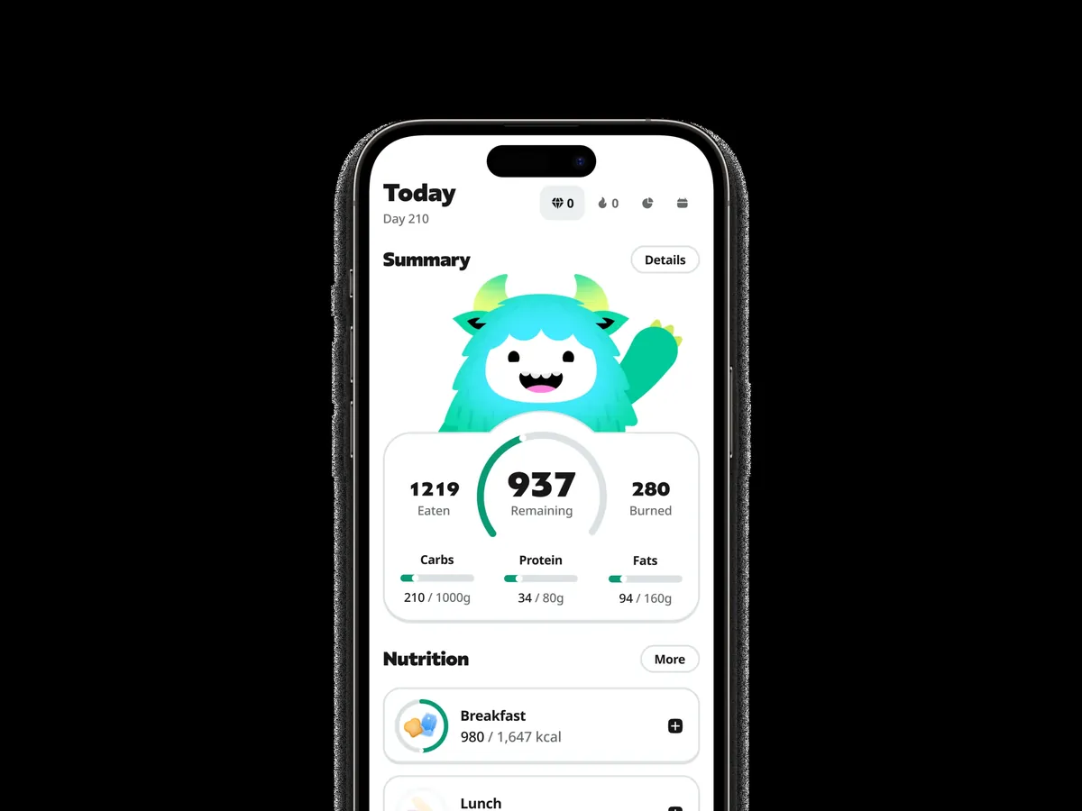 Yazio Today dashboard with waving mascot, calorie ring and macro progress bars