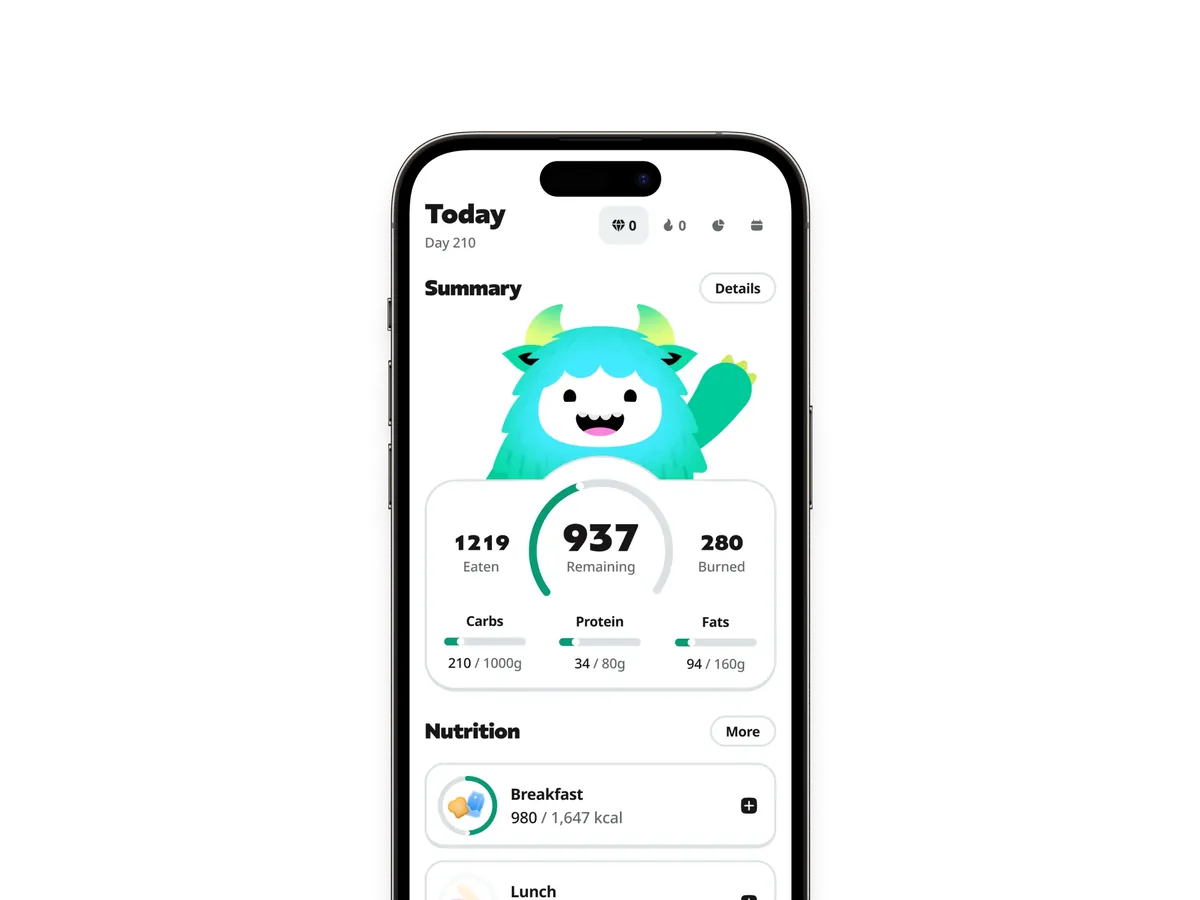 Yazio Today dashboard with waving mascot, calorie ring and macro progress bars