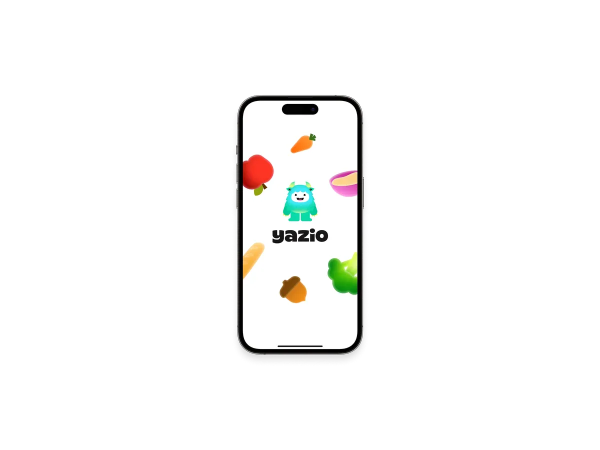 Splash screen with Yazio mascot and wordmark among floating food illustrations