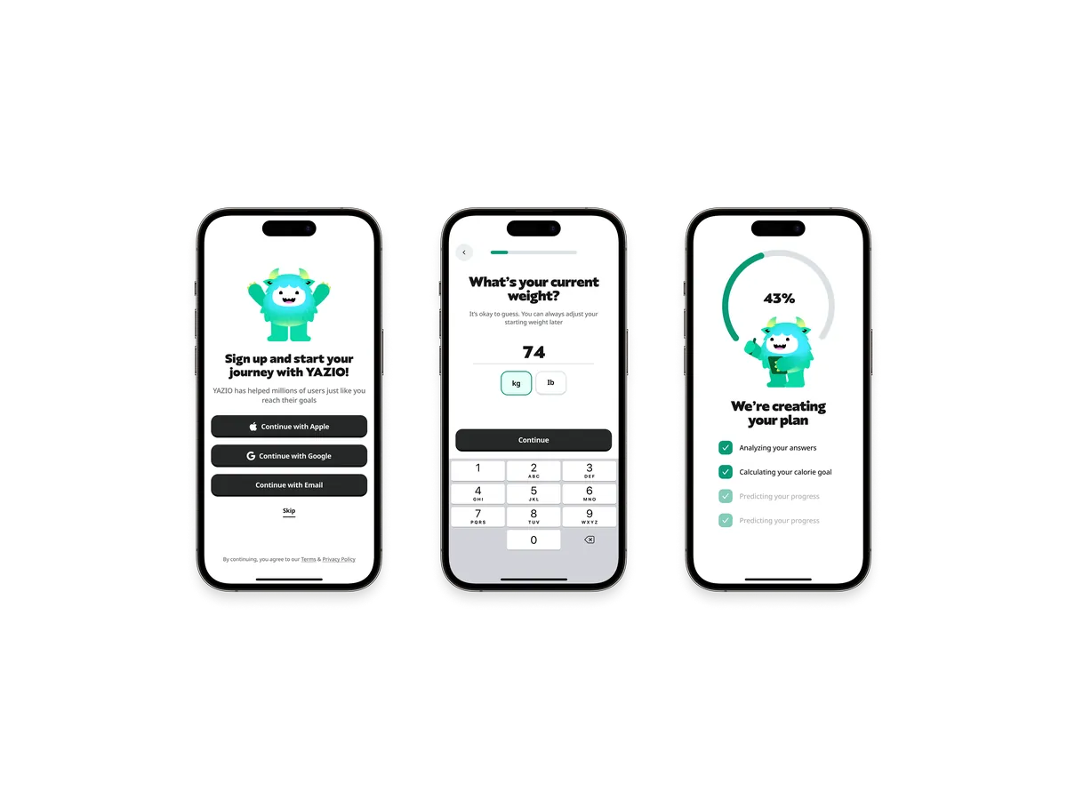 Three onboarding screens: signing up with YAZIO, entering current weight, and the app creating a personalised plan