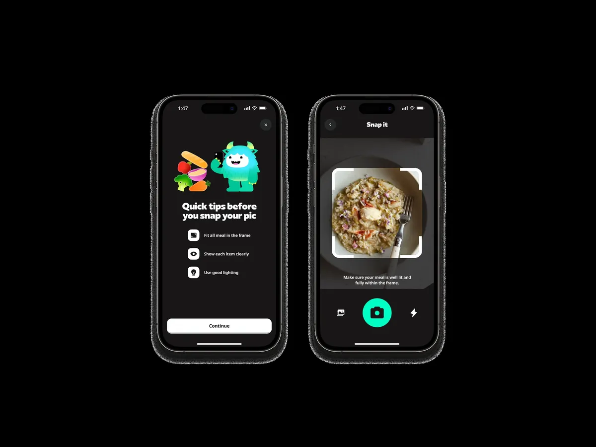 Meal photo capture flow with snapping tips and camera viewfinder framing food