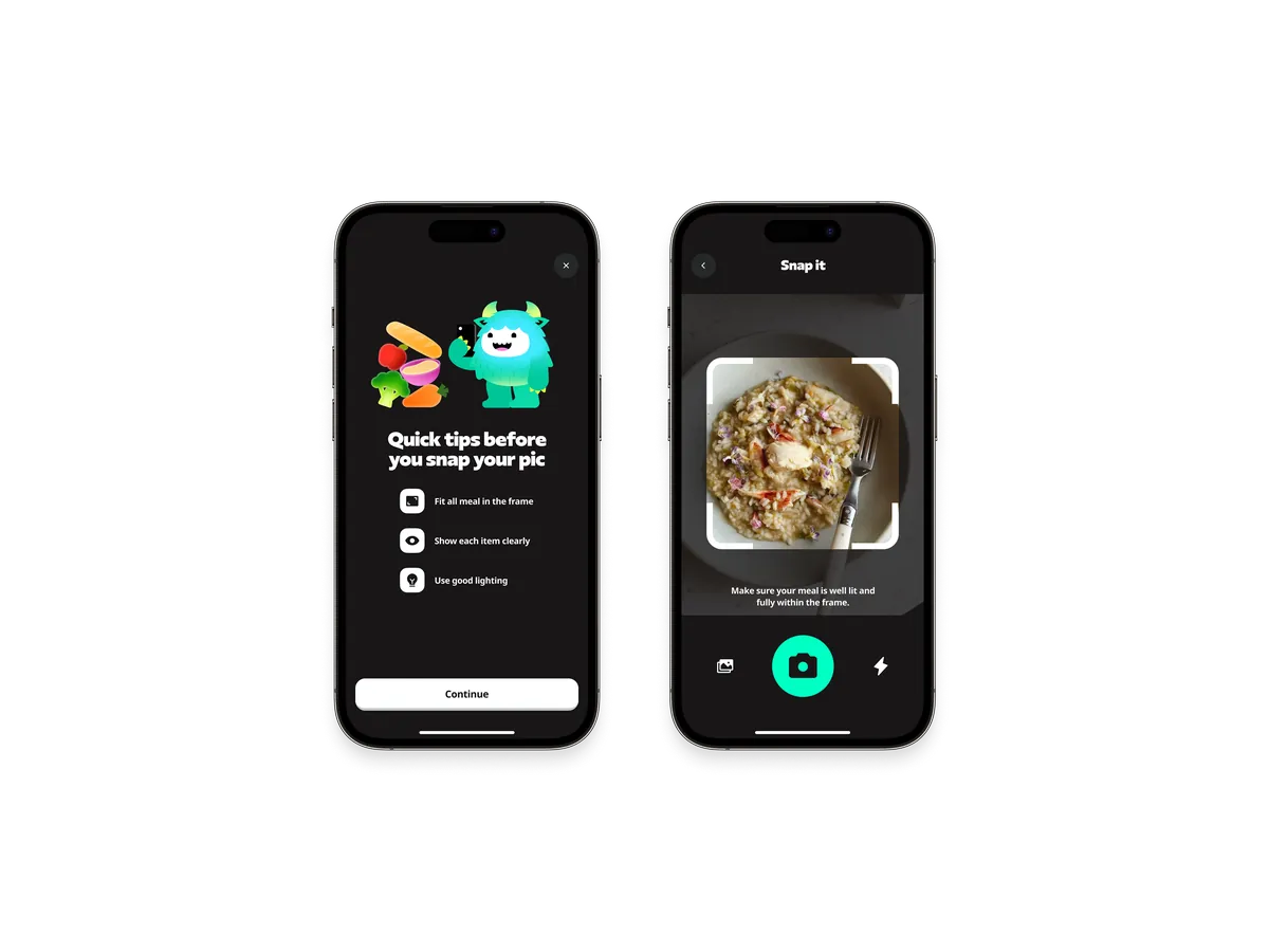 Meal photo flow: quick tips before snapping a picture, then the camera viewfinder framing a plated meal