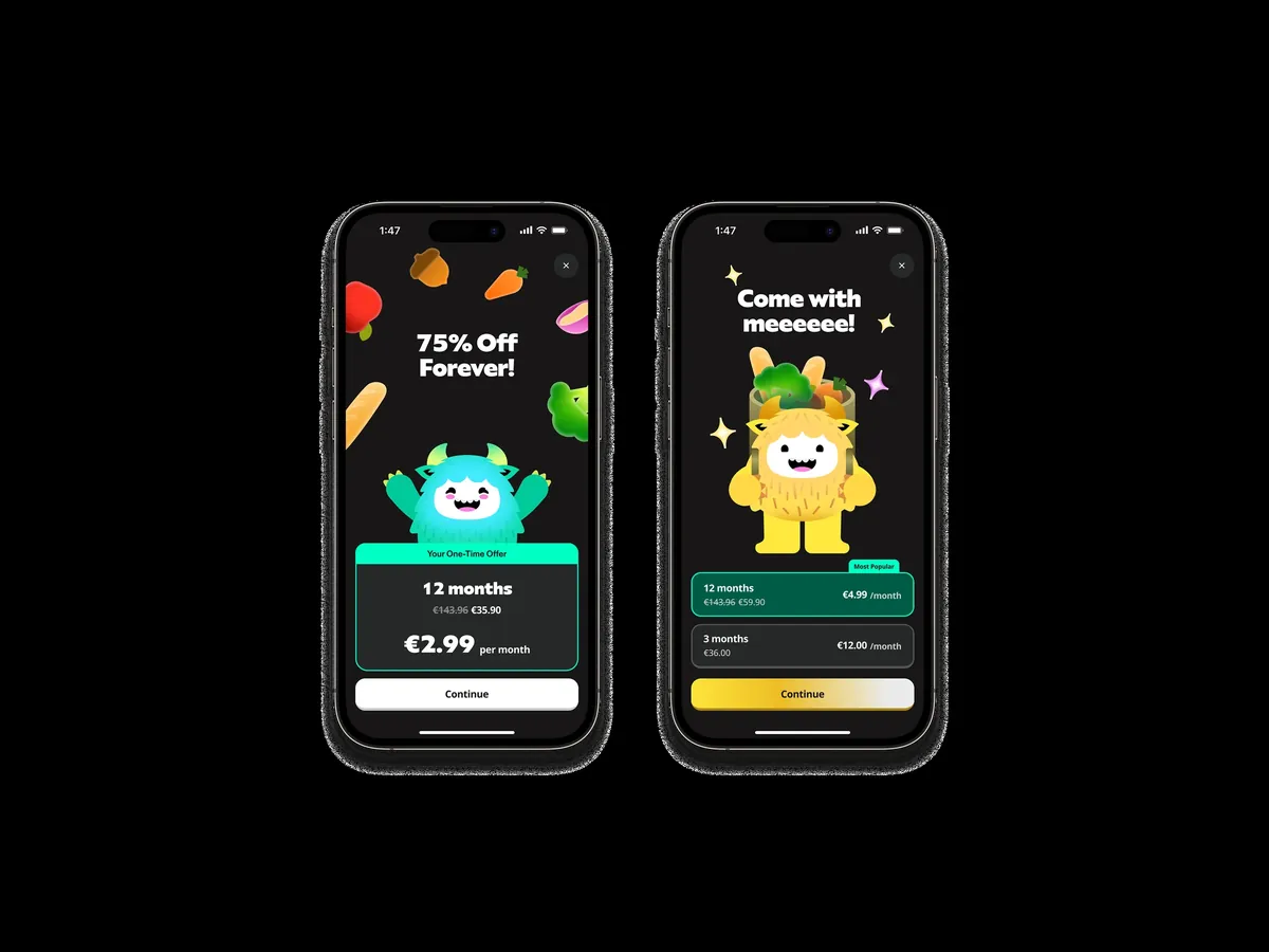 Two paywall screens with celebrating mascots, discount offer and subscription plans