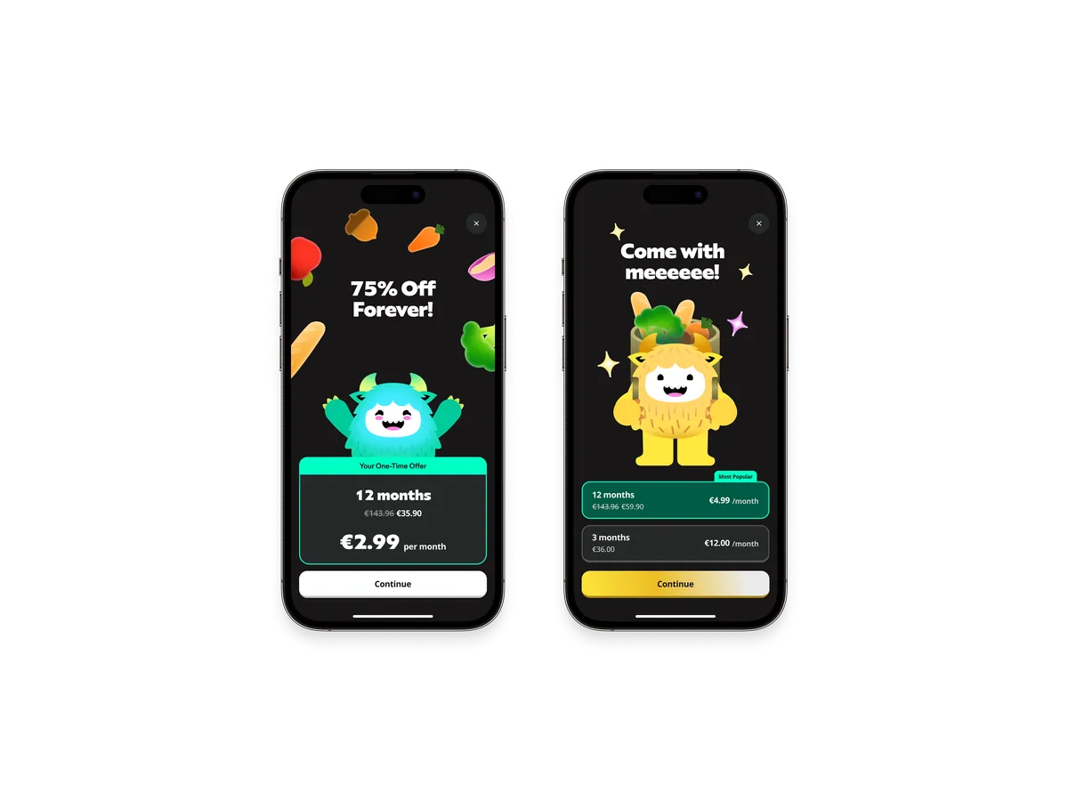 Two Yazio paywall screens: a 75 percent off one-time offer and a plan picker, with the mascot